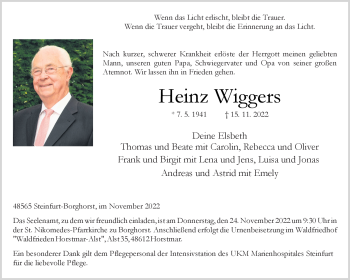 Anzeige von Heinz Wiggers 