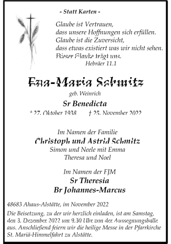 Anzeige von Eva-Maria Schmitz 