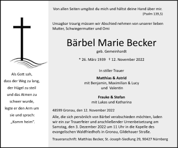 Anzeige von Bärbel Marie Becker 