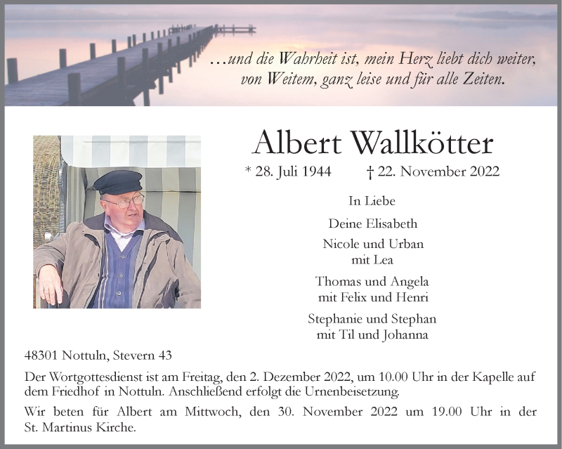  Traueranzeige für Albert Wallkötter vom 26.11.2022 aus 