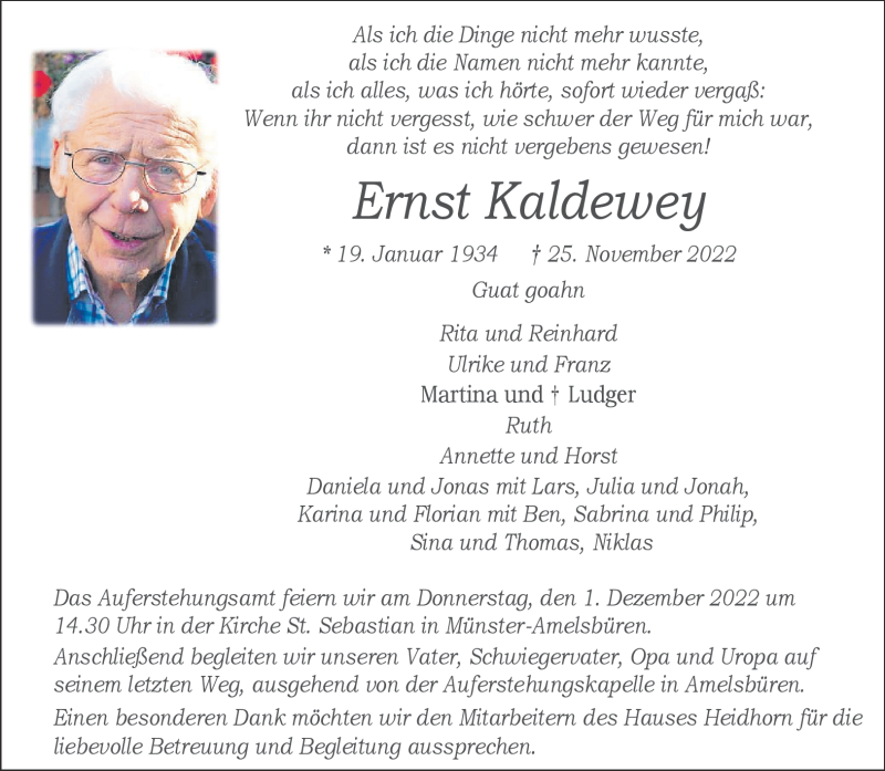  Traueranzeige für Ernst Kaldewey vom 29.11.2022 aus 