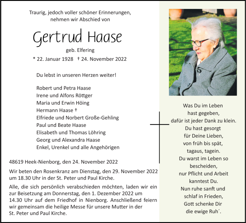  Traueranzeige für Gertrud Haase vom 29.11.2022 aus 