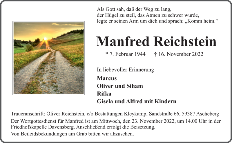  Traueranzeige für Manfred Reichstein vom 19.11.2022 aus 