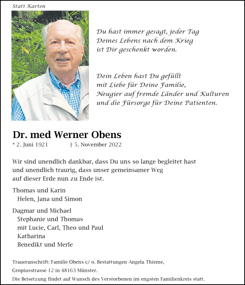  Traueranzeige für Dr. Med Werner Obens vom 12.11.2022 aus 