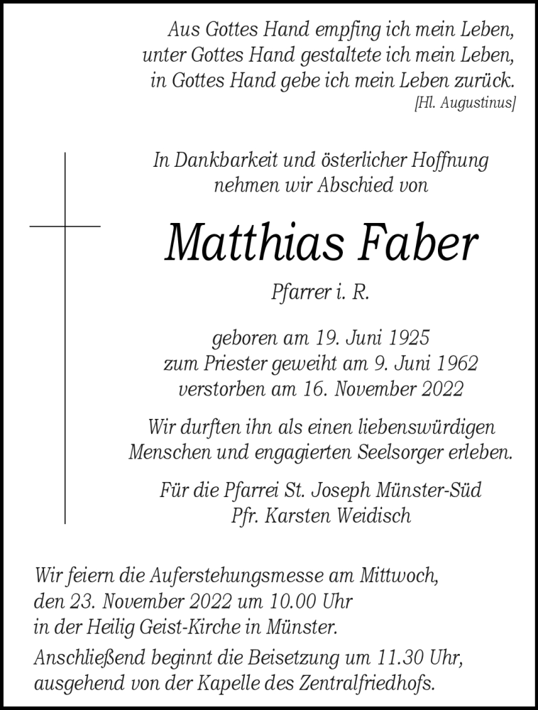  Traueranzeige für Matthias Faber vom 19.11.2022 aus 
