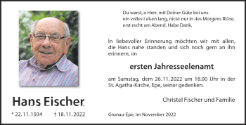Anzeige von Hans Fischer 