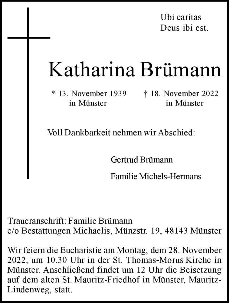  Traueranzeige für Katharina Brümann vom 23.11.2022 aus 