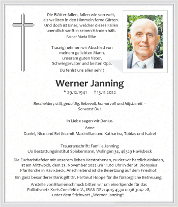 Anzeige von Werner Janning 