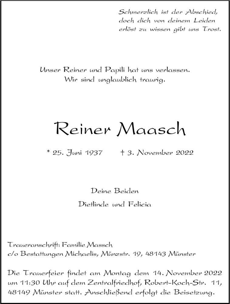  Traueranzeige für Reiner Maasch vom 09.11.2022 aus 