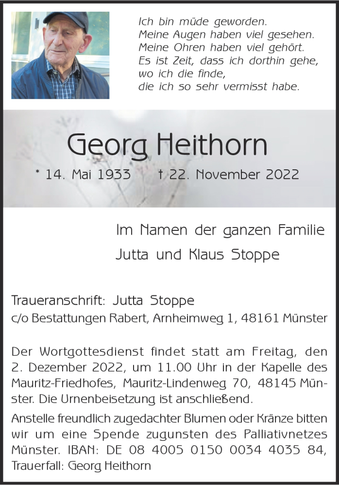  Traueranzeige für Georg Heithorn vom 30.11.2022 aus 