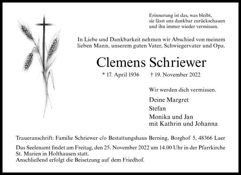  Traueranzeige für Clemens Schriewer vom 23.11.2022 aus 