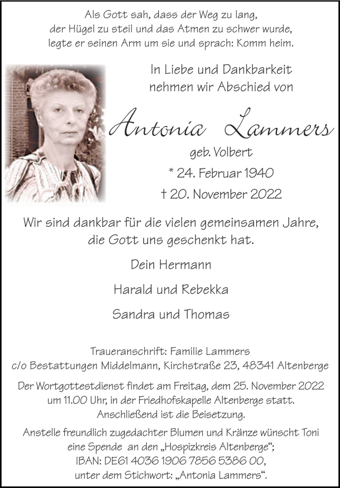  Traueranzeige für Antonia Lammers vom 23.11.2022 aus 