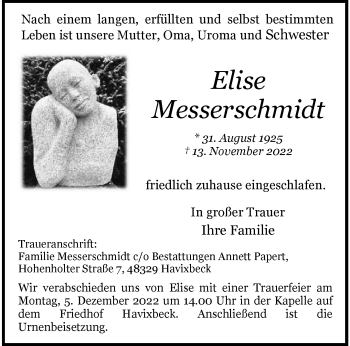 Anzeige von Elise Messerschmidt 