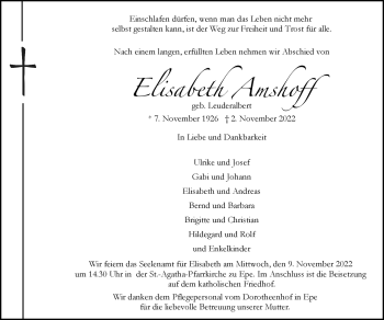 Anzeige von Elisabeth Amshoff 