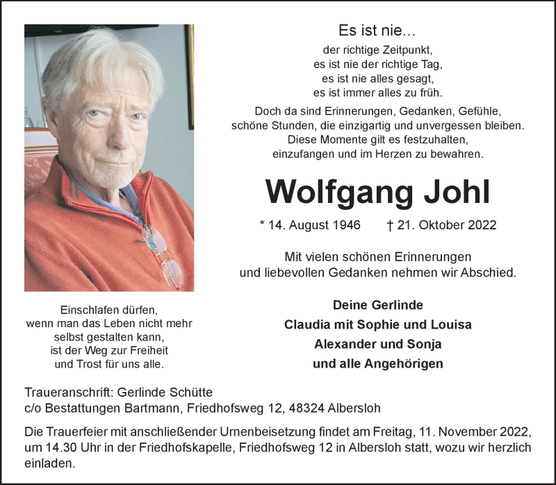  Traueranzeige für Wolfgang Johl vom 05.11.2022 aus 