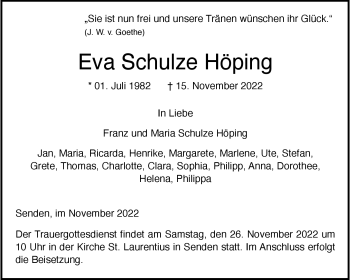 Anzeige von Eva Schulze Höping 
