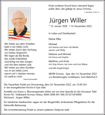 Anzeige von Jürgen Willer 