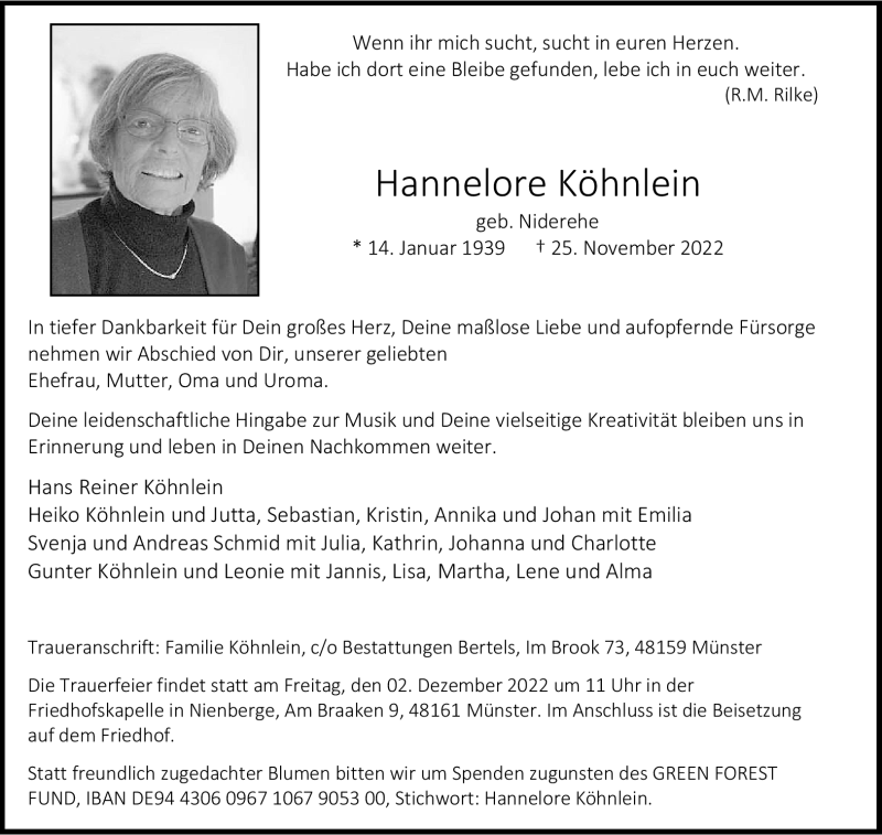  Traueranzeige für Hannelore Köhnlein vom 30.11.2022 aus 