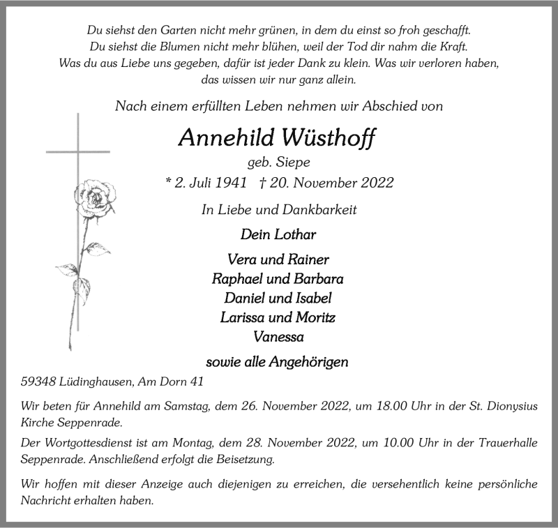  Traueranzeige für Annehild Wüsthoff vom 23.11.2022 aus 
