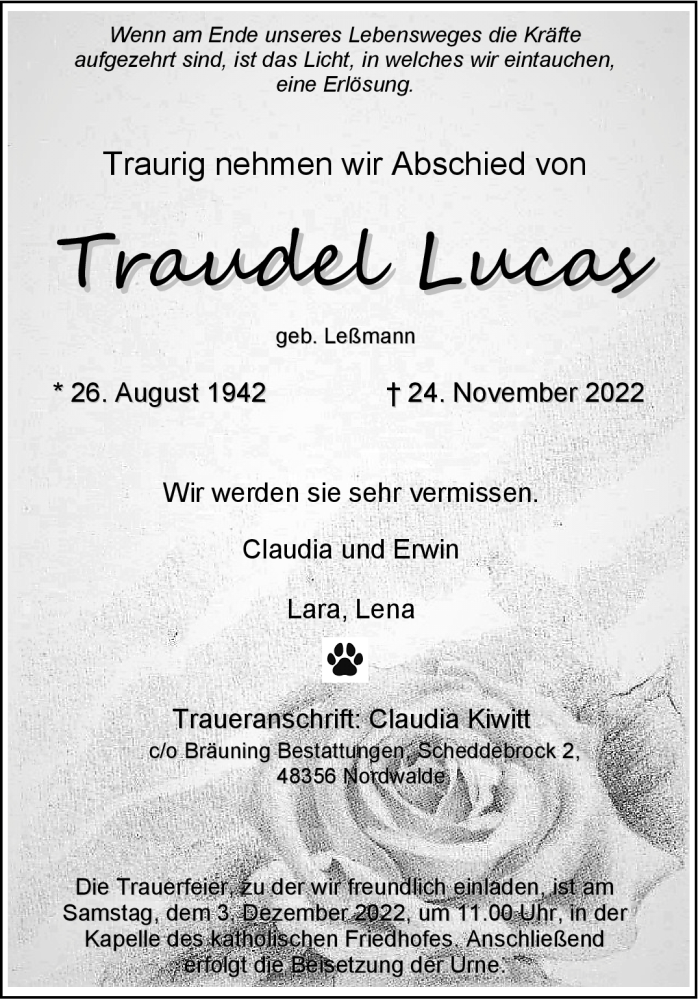  Traueranzeige für Traudel Lucas vom 30.11.2022 aus 