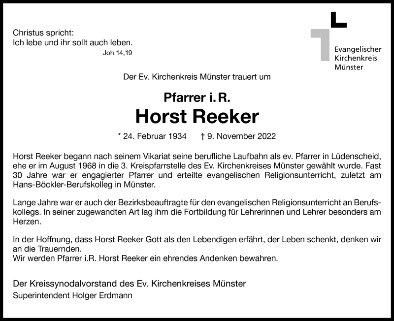  Traueranzeige für Horst Reeker vom 19.11.2022 aus 