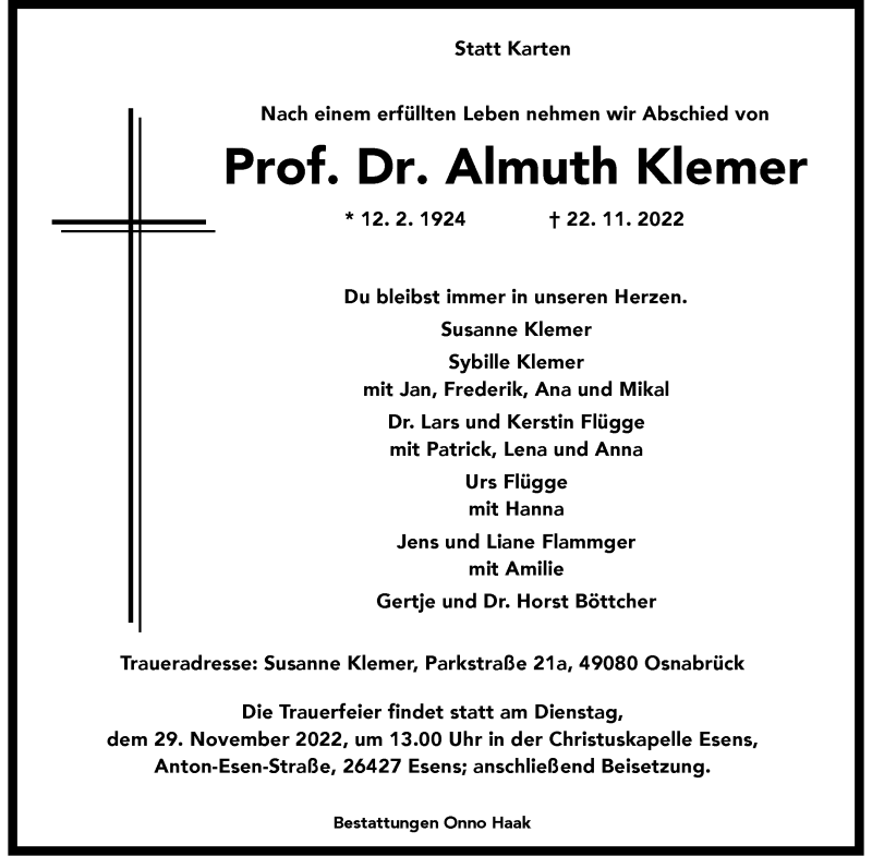  Traueranzeige für Prof. Dr. Almuth Klemer vom 26.11.2022 aus 