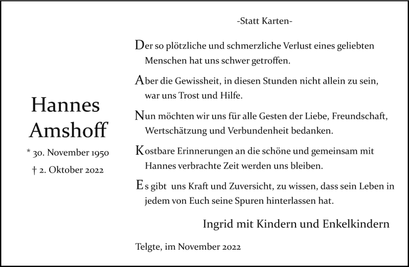  Traueranzeige für Hannes Amshoff vom 19.11.2022 aus 