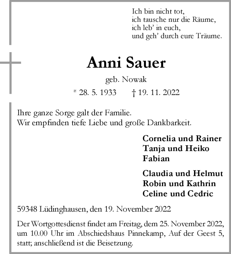  Traueranzeige für Anni Sauer vom 23.11.2022 aus 