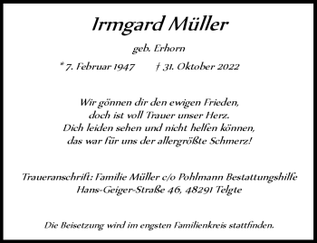 Anzeige von Irmgard Müller 