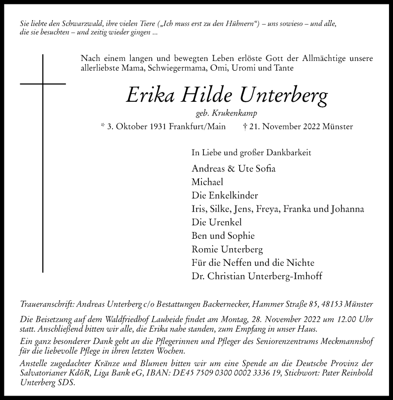  Traueranzeige für Erika Hilde Unterberg vom 26.11.2022 aus 