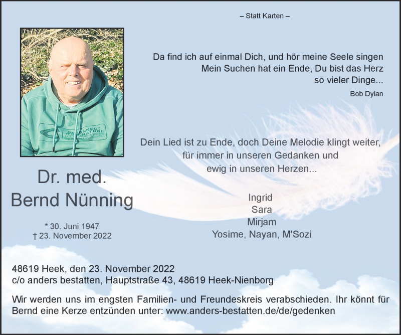  Traueranzeige für Dr. med. Bernd Nünning vom 29.11.2022 aus 