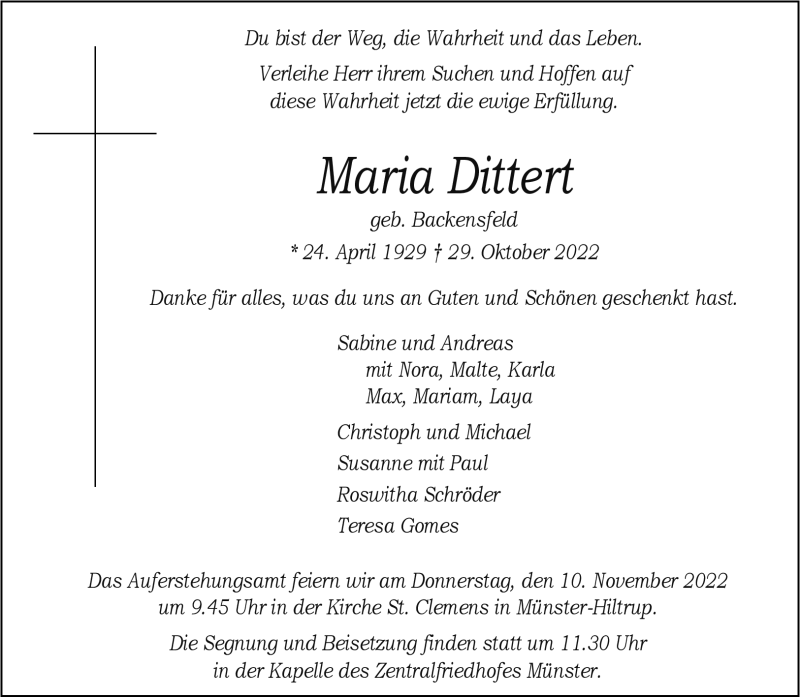  Traueranzeige für Maria Dittert vom 05.11.2022 aus 
