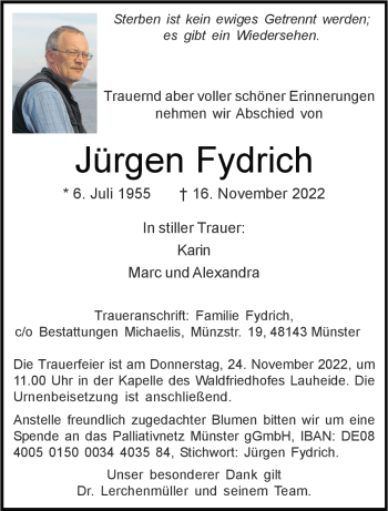 Anzeige von Jürgen Fydrich 