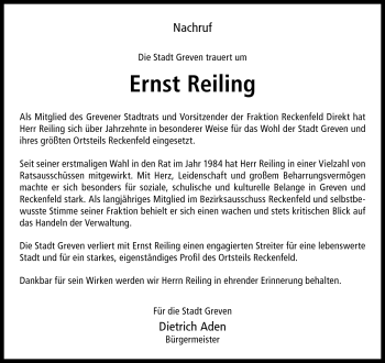 Anzeige von Ernst Reiling 