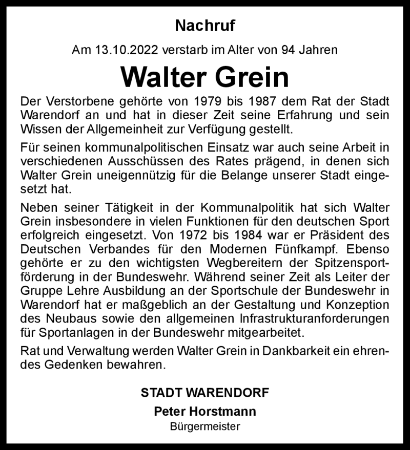 Traueranzeige für Walter Grein vom 12.11.2022 aus 