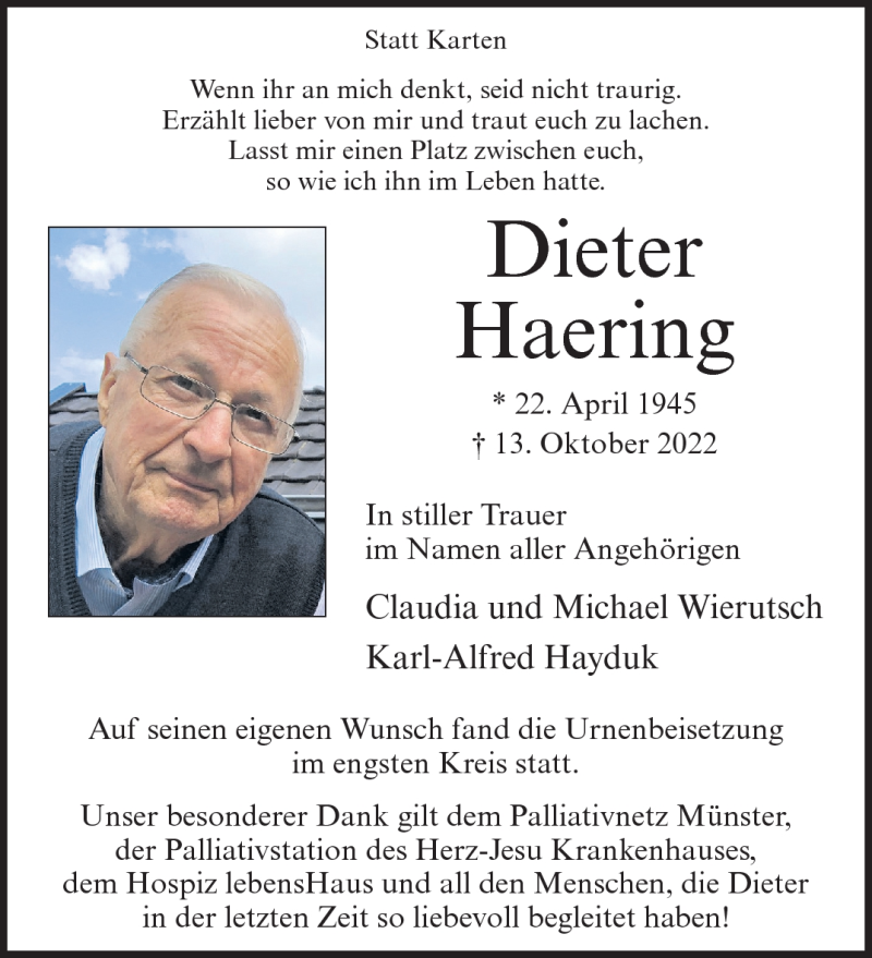  Traueranzeige für Dieter Haering vom 05.11.2022 aus 