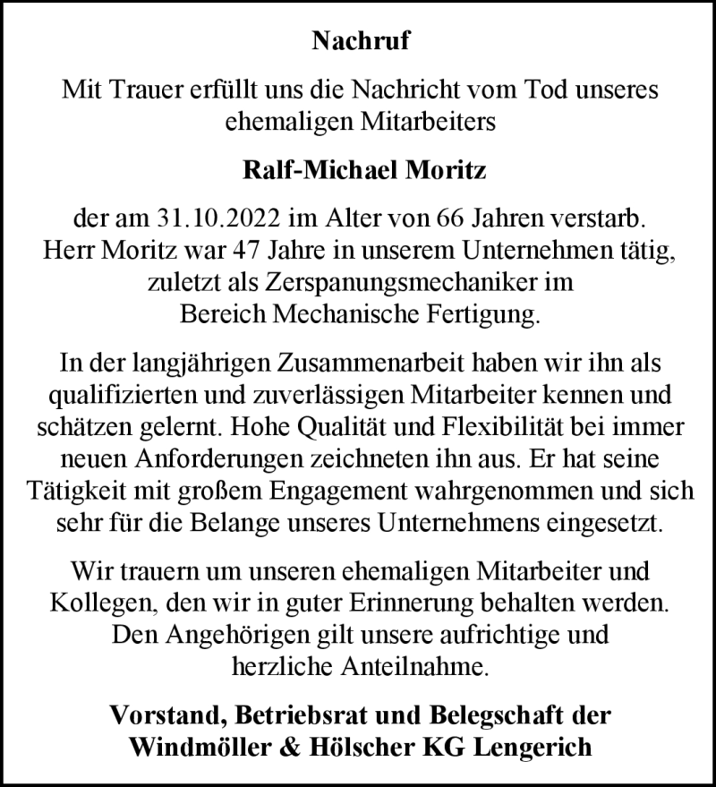  Traueranzeige für Ralf-Michael Moritz vom 24.11.2022 aus 