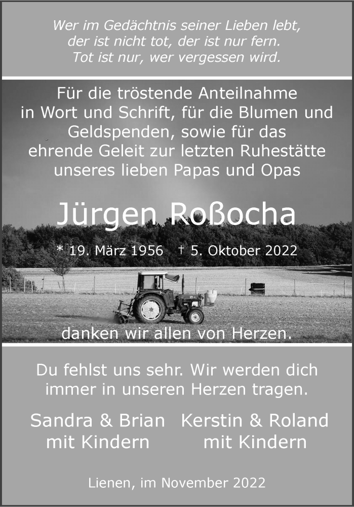  Traueranzeige für Jürgen Roßocha vom 26.11.2022 aus 