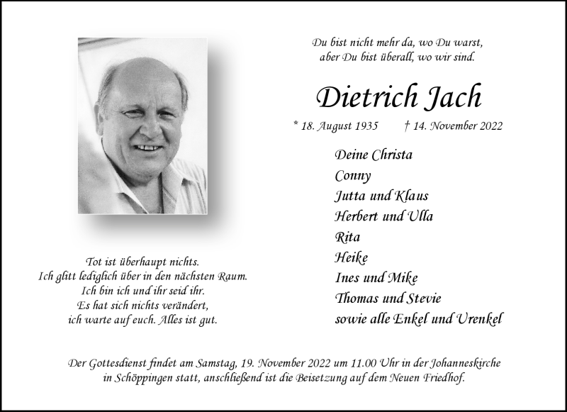  Traueranzeige für Dietrich Jach vom 17.11.2022 aus 