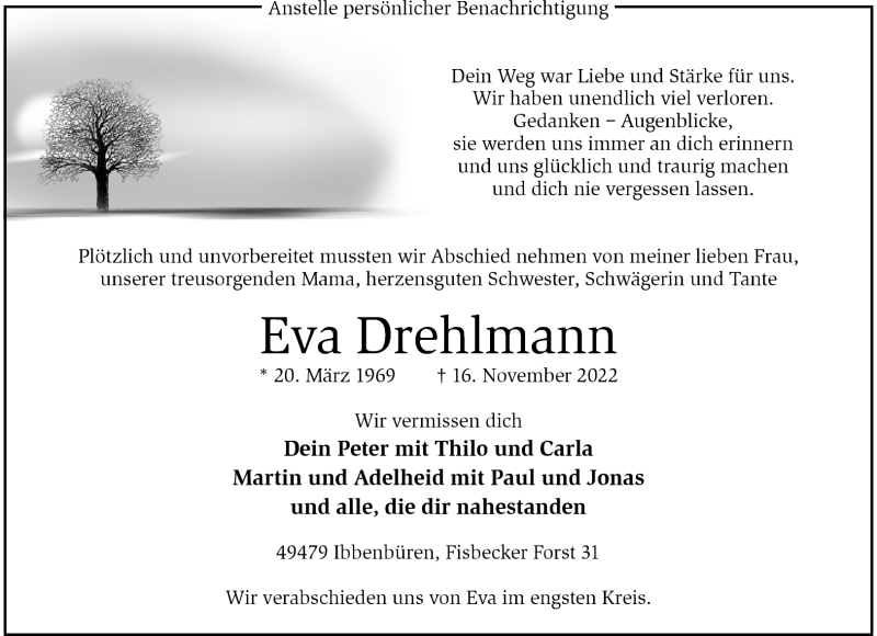  Traueranzeige für Eva Drehlmann vom 19.11.2022 aus 