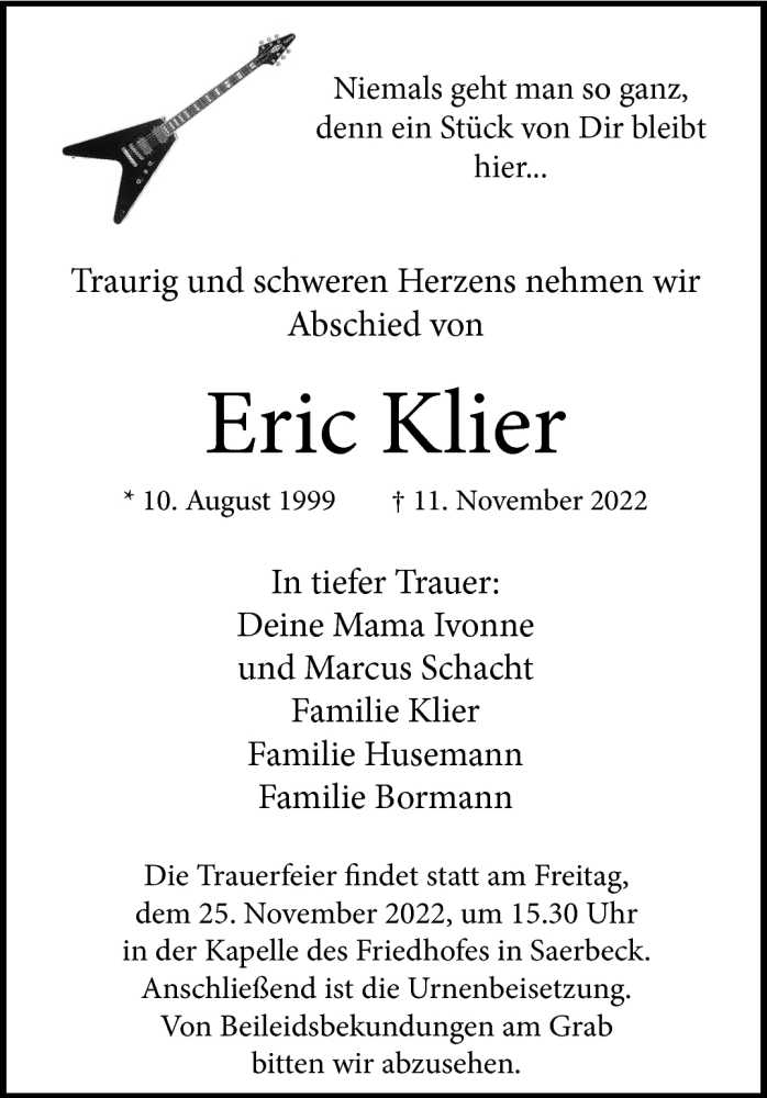  Traueranzeige für Eric Klier vom 19.11.2022 aus 