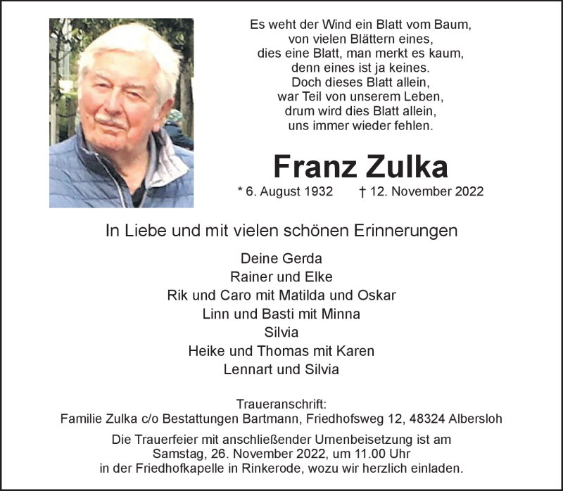  Traueranzeige für Franz Zulka vom 19.11.2022 aus 