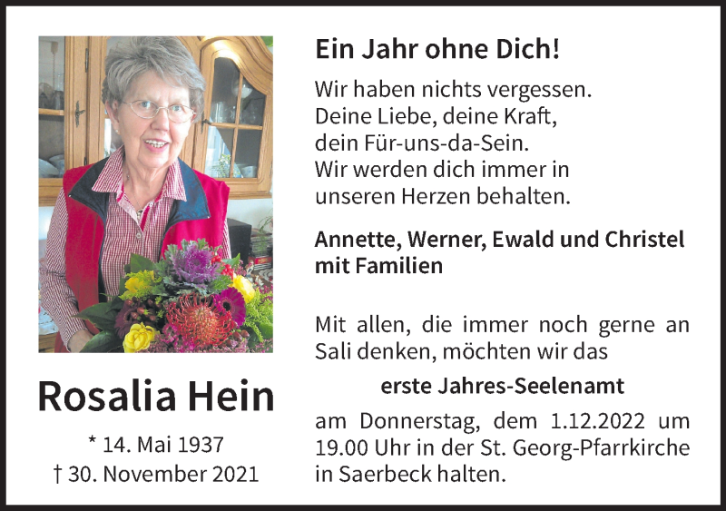  Traueranzeige für Rosalia Hein vom 26.11.2022 aus 