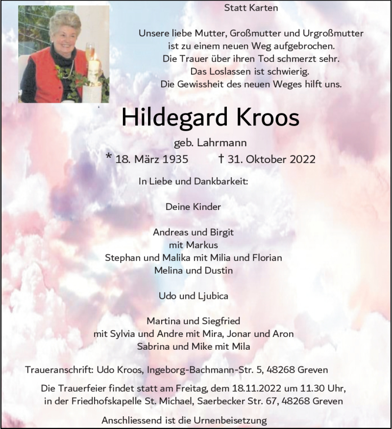  Traueranzeige für Hildegard Kroos vom 05.11.2022 aus 
