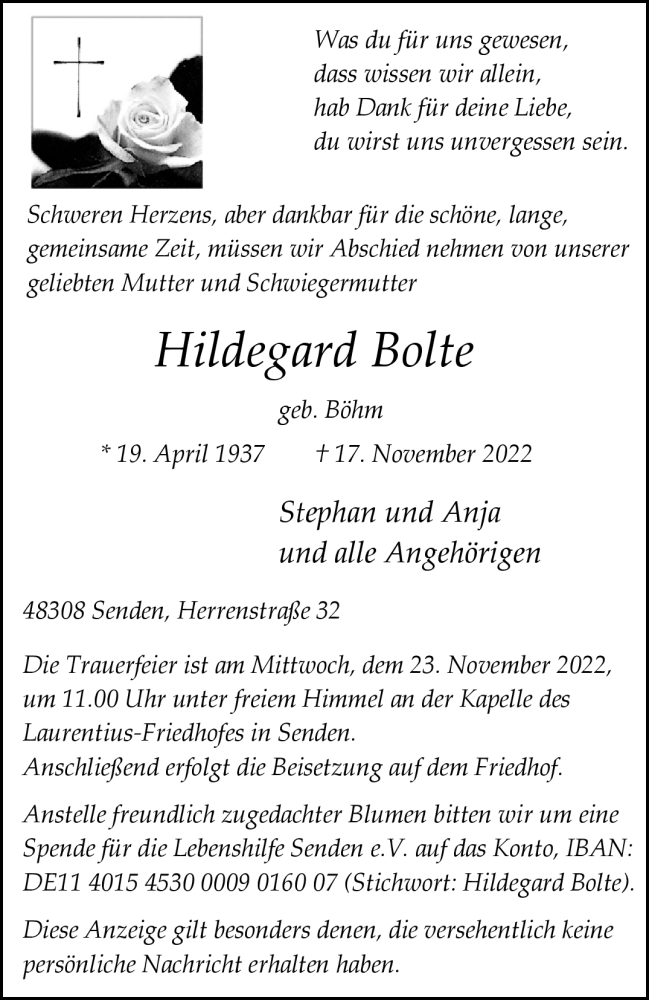  Traueranzeige für Hildegard Bolte vom 19.11.2022 aus 