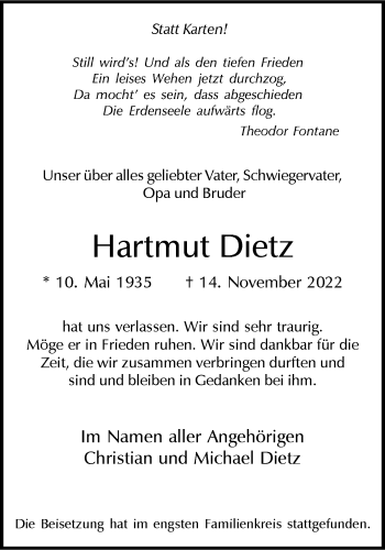 Anzeige von Hartmut Dietz 