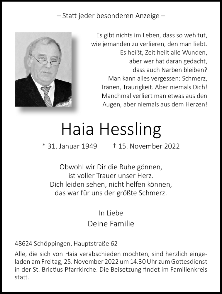  Traueranzeige für Haia Hessling vom 19.11.2022 aus 