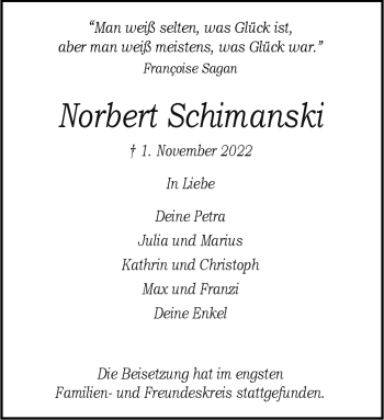 Anzeige von Norbert Schimanski 