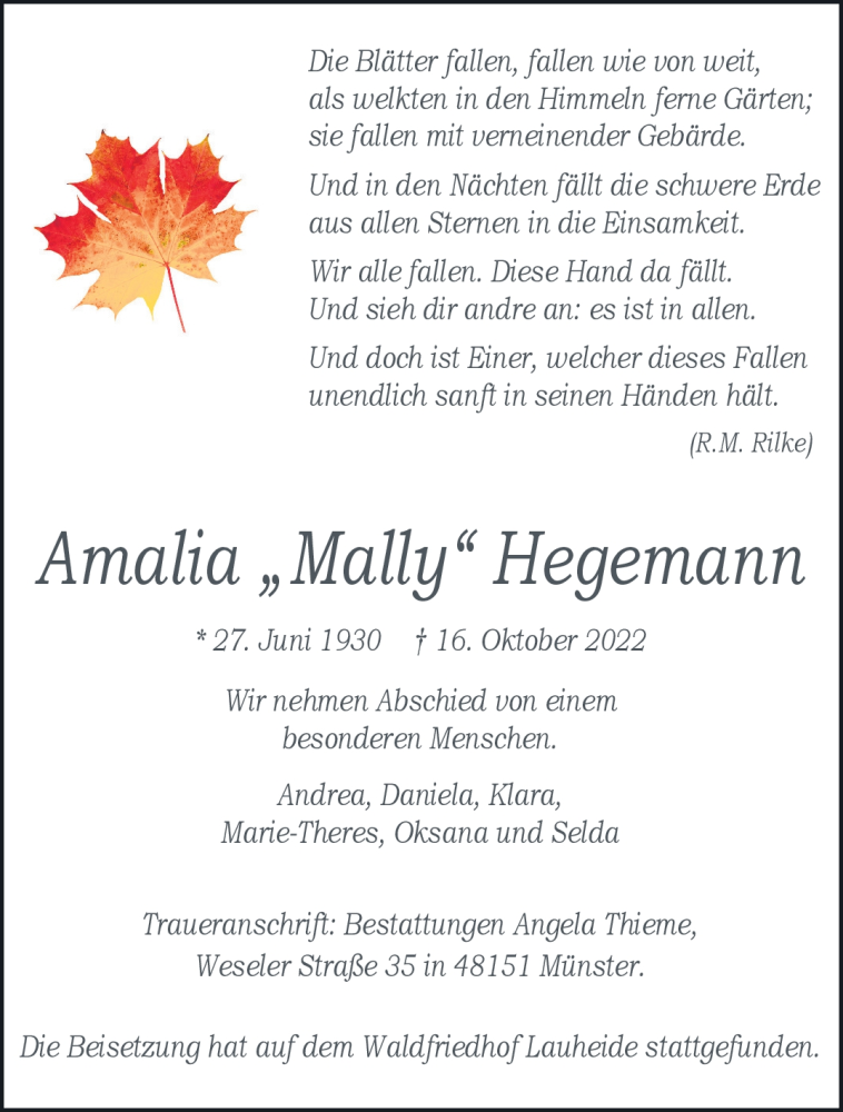  Traueranzeige für Amalia “ Mally “ Hegemann vom 19.11.2022 aus 