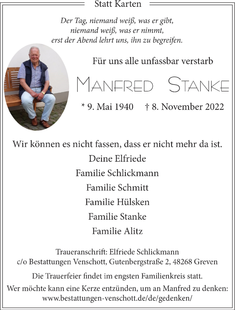  Traueranzeige für Manfred Stanke vom 19.11.2022 aus 